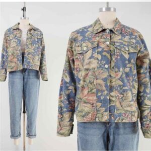 Vintage Norm Thompson Made In USA Jacket Womens Size M Chambray Floral Cotton